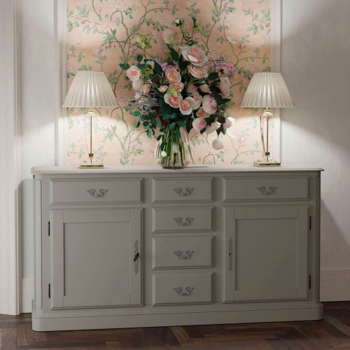 Large sideboard 2 cupboards, fixed shelf and 6 drawers. Light gray finish, patina. Classic Provencale design, Laura Ashley.