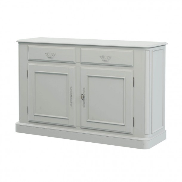 Sideboard, 2 drawers and 1 double cabinet with interior shelf. Provencale Collection, Laura Ashley. Light gray finish.