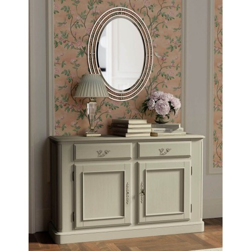 Sideboard, 2 drawers and 1 double cabinet with interior shelf. Provencale Collection, Laura Ashley. Light gray finish.