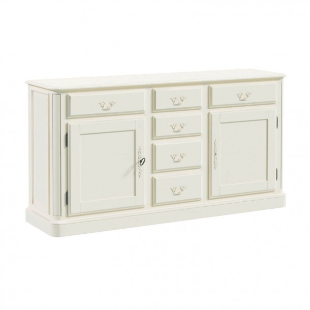 Large sideboard 2 cupboards, fixed shelf and 6 drawers. Ivory finish, patina. Classic Provencale design, Laura Ashley.