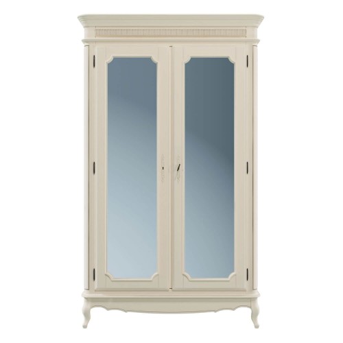 Laura Ashley wardrobe with 2 mirrored doors, 2 shelves and bar. Ivory finish with patina. Contoured legs, and carved details.