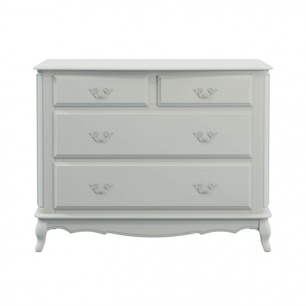 Laura Ashley Provencale 4 Drawer Chest. Classic with contoured legs, with carvings. Light gray finish with patina.