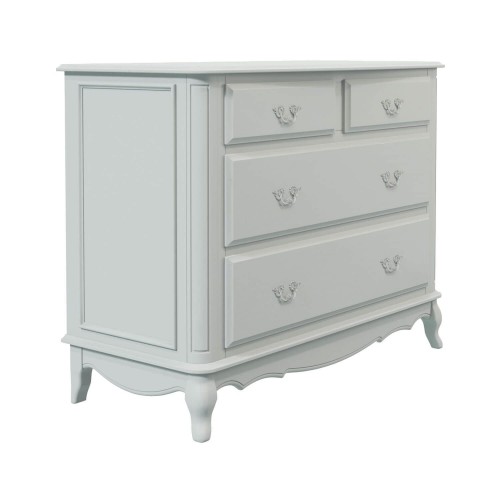 Laura Ashley Provencale 4 Drawer Chest. Classic with contoured legs, with carvings. Light gray finish with patina.