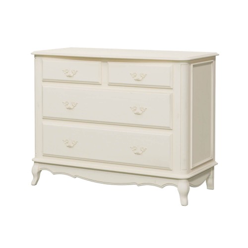 Laura Ashley Provencale 4 Drawer Chest. Classic with contoured legs, with carvings. Ivory finish with patina.