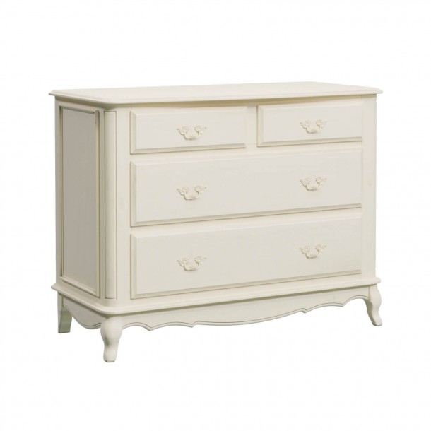 Laura Ashley Provencale 4 Drawer Chest. Classic with contoured legs, with carvings. Ivory finish with patina.