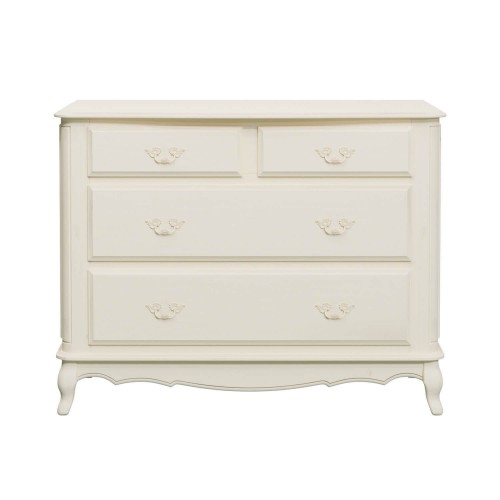 Laura Ashley Provencale 4 Drawer Chest. Classic with contoured legs, with carvings. Ivory finish with patina.