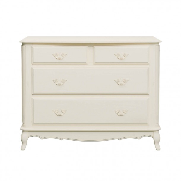 Laura Ashley Provencale 4 Drawer Chest. Classic with contoured legs, with carvings. Ivory finish with patina.