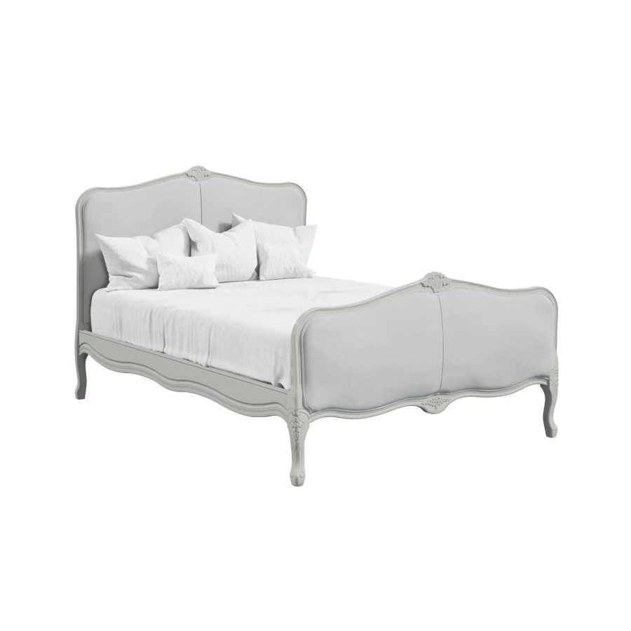 Gray upholstered headboard and footboard. Provencale, Laura Ashley. Classic design. Light gray finish with patina.
