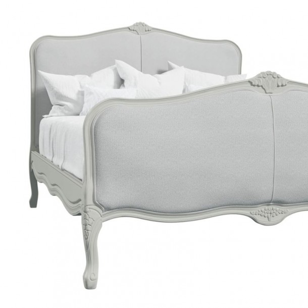 Gray upholstered headboard and footboard. Provencale, Laura Ashley. Classic design. Light gray finish with patina.