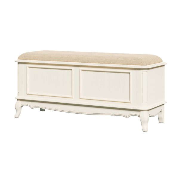 Perfect chest for the Provencale footboard, Laura Ashley. Upholstered in ivory. Ivory finish with patina. Classic design.