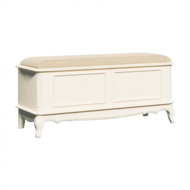 Perfect chest for the Provencale footboard, Laura Ashley. Upholstered in ivory. Ivory finish with patina. Classic design.