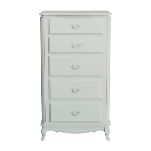 Laura Ashley Provencale 5 Drawer Tall Dresser. Classic contoured legs, with carvings. Light gray finish with patina.