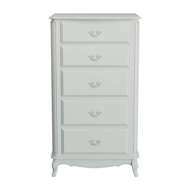 Laura Ashley Provencale 5 Drawer Tall Dresser. Classic contoured legs, with carvings. Light gray finish with patina.