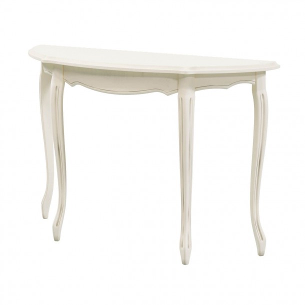 Half moon console. Classic design with carved details. Provencale Collection, Laura Ashley. Ivory finish.