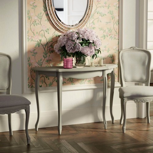 Half moon console. Classic design with carved details. Provencale Collection, Laura Ashley. Light gray finish.