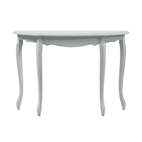 Half moon console. Classic design with carved details. Provencale Collection, Laura Ashley. Light gray finish.
