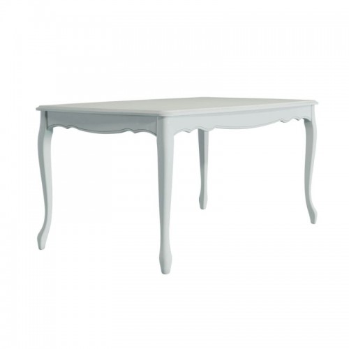 Extendable dining table, with hidden extension leaf. Light gray finish with patina. Capacity 6-8 diners.