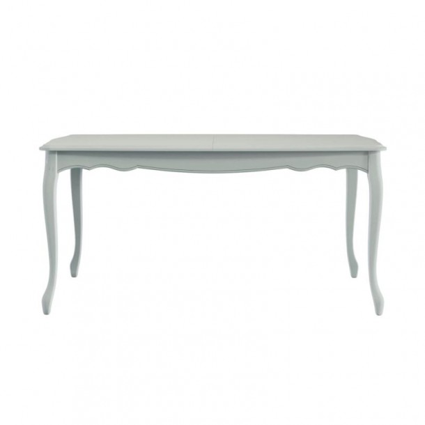Extendable dining table, with hidden extension leaf. Light gray finish with patina. Capacity 6-8 diners.