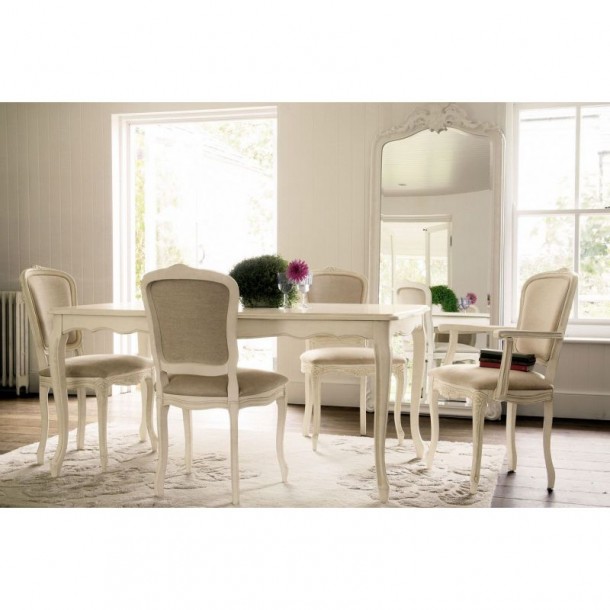 2 dining chairs. Provencale Collection, Laura Ashley. Upholstered in gray fabric and finished with a light gray patina.
