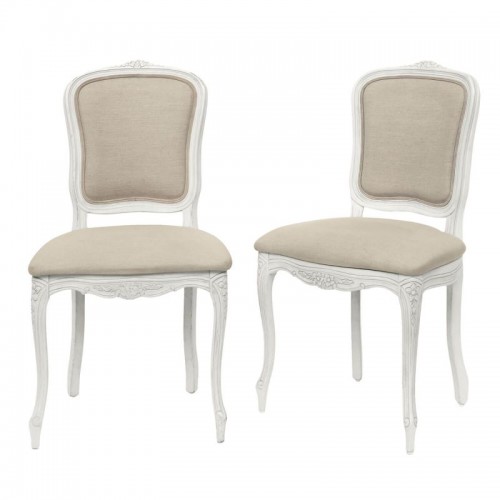 2 dining chairs. Provencale Collection, Laura Ashley. Upholstered in gray fabric and finished with a light gray patina.