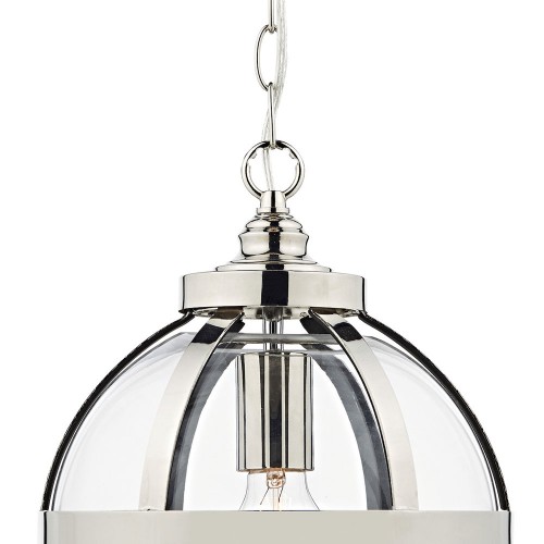 Lámpara de techo Heath con diseño globo, acabado de níquel pulido y paneles de vidrio. Diámetro 30 cm y 1 m de cadena.