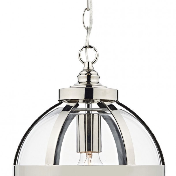 Lámpara de techo Heath con diseño globo, acabado de níquel pulido y paneles de vidrio. Diámetro 30 cm y 1 m de cadena.