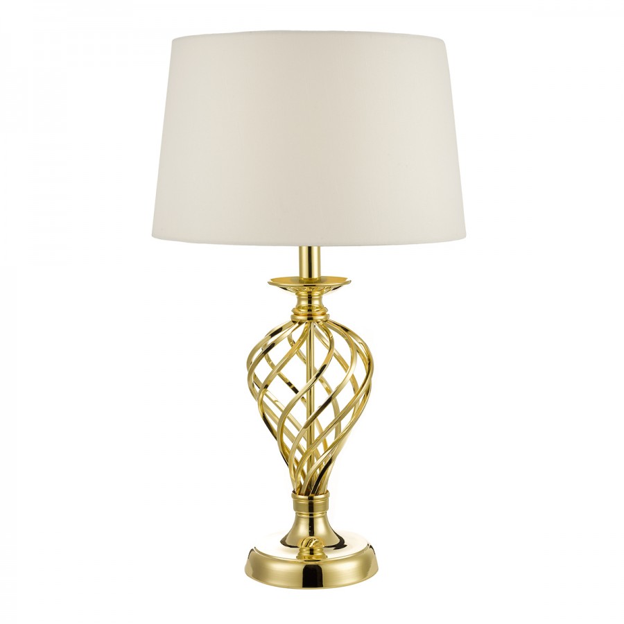 Lámpara de mesa Iffley Touch, con base entretejida en forma de jaula en tono dorado.