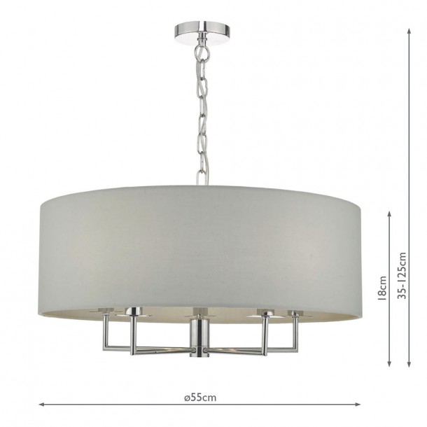 Lámpara de techo Jamelia con cinco puntos de luz colgante de cromo pulido con pantalla en tono gris.