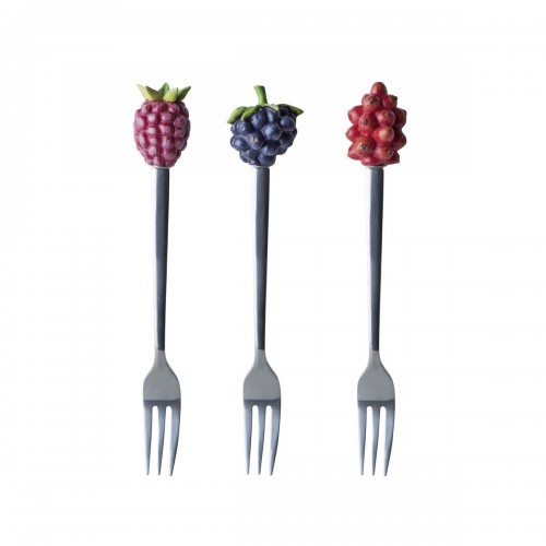 Conjunto de 3 tenedores de postre, en acero inoxidable, con un divertido adorno de fruto en poliresina.