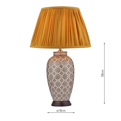Base lámpara Louise de cerámica en tono marrón y crema con base en madera oscura. Estampado patrón geométrico.