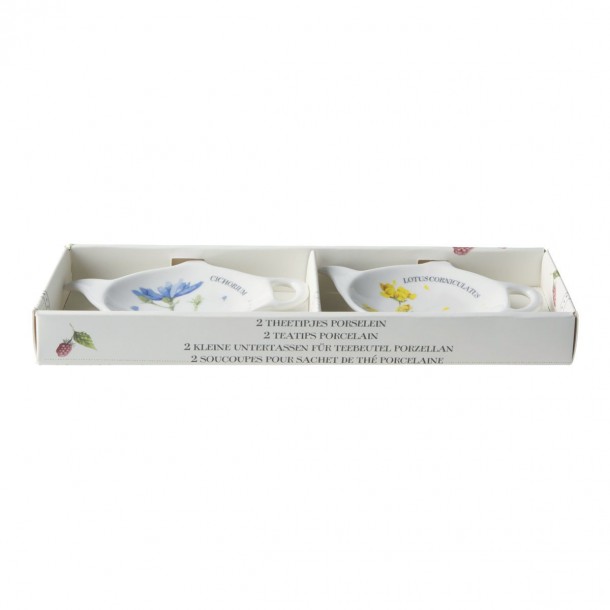 Conjunto de 2 platillos de porcelana fina, en caja de regalo, estampados con decoración floral de diseño.