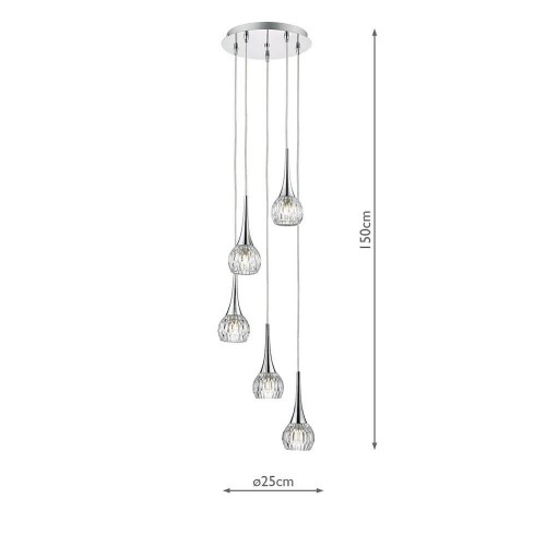 Lámpara de techo Lyall con tulipas de vidrio y cromo pulido. Las 5 luces tienen caída máxima de 1,5 metros.