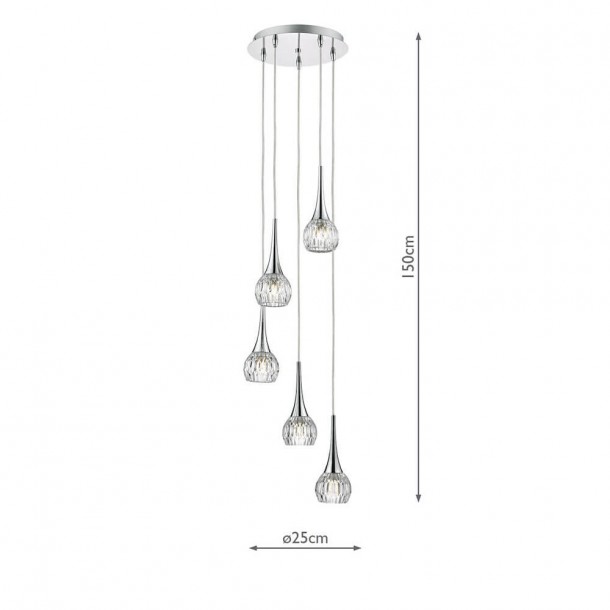 Lámpara de techo Lyall con tulipas de vidrio y cromo pulido. Las 5 luces tienen caída máxima de 1,5 metros.