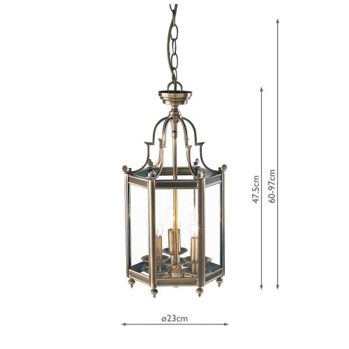 Linterna Moorgate con tres puntos de luz tradicional. Estructura bronce envejecido y cristal. Cadena ajustable para instalación.