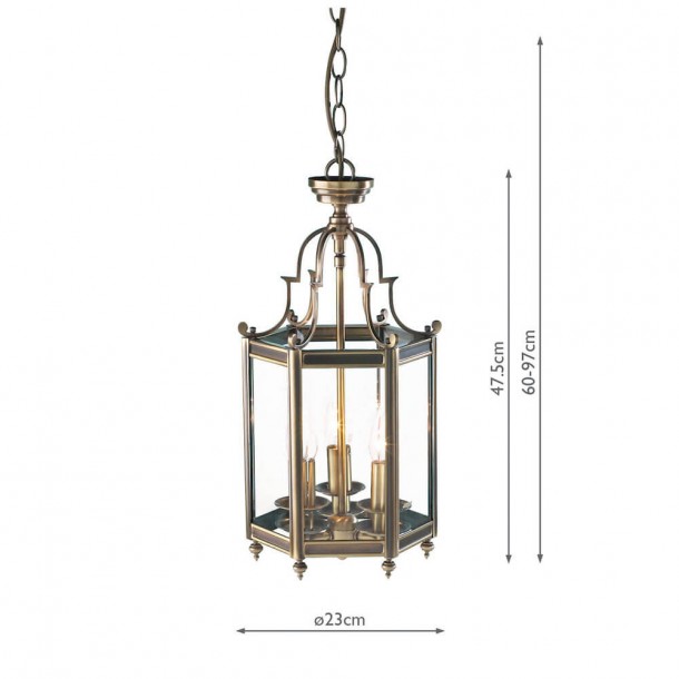 Linterna Moorgate con tres puntos de luz tradicional. Estructura bronce envejecido y cristal. Cadena ajustable para instalación.