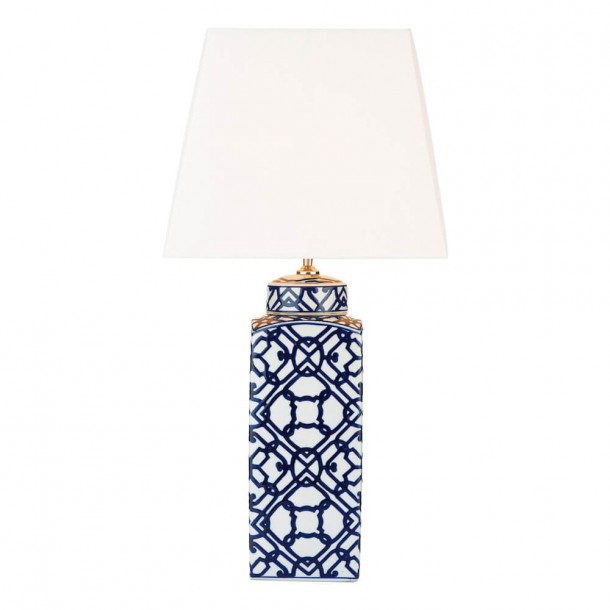 Base de lámpara cerámica cuadrada Mystic, estampado geométrico en blanco y azul, de inspiración Art Decó.