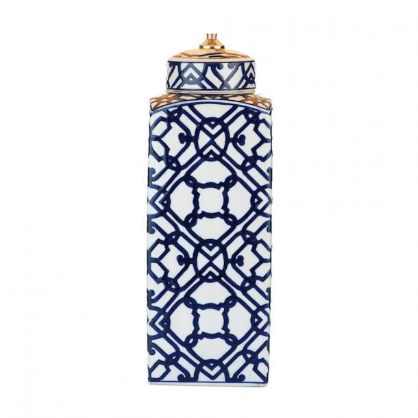 Base de lámpara cerámica cuadrada Mystic, estampado geométrico en blanco y azul, de inspiración Art Decó.