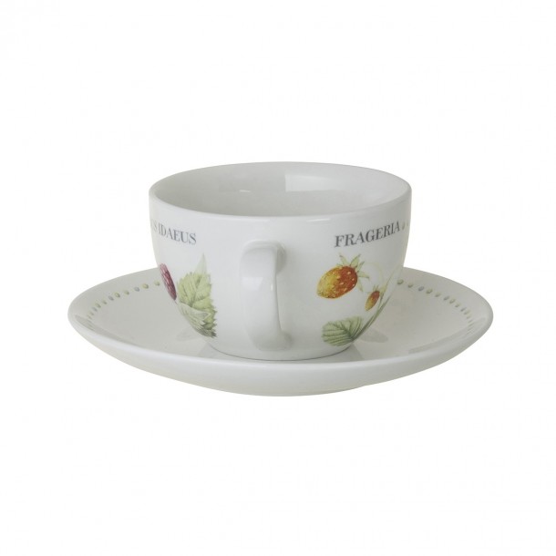 Conjunto de taza y platito de porcelana fina estampada con decoración floral de diseño.