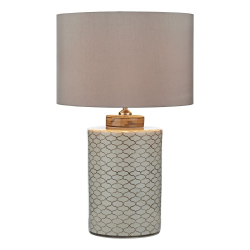 Base de lámpara cerámica en tonos neutros, crema y dorado de estilo clásico. Pantalla no incluida.