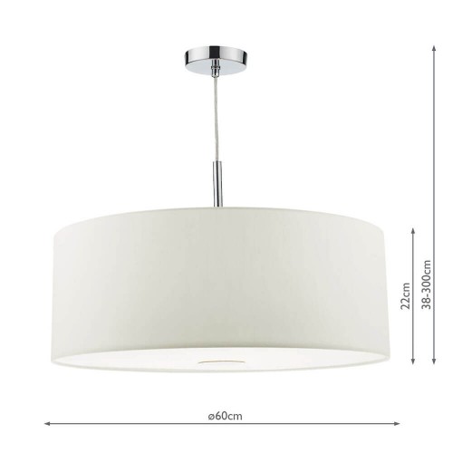 Pantalla seda sintética blanca. 3 puntos luz. Difusor acrílico blanco y acabado cromo. Ideal LED. Ø 60 cm. Bombillas no incl.