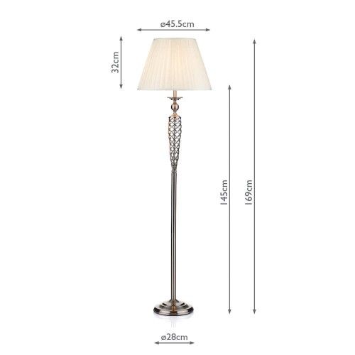 Siam lamp, satin chrome. Pleated white shade and metallic structure. It is turned on with the foot.
