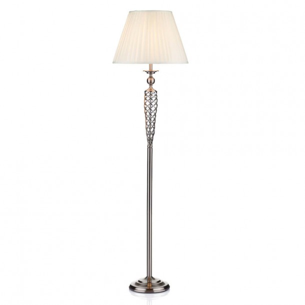 Siam lamp, satin chrome. Pleated white shade and metallic structure. It is turned on with the foot.