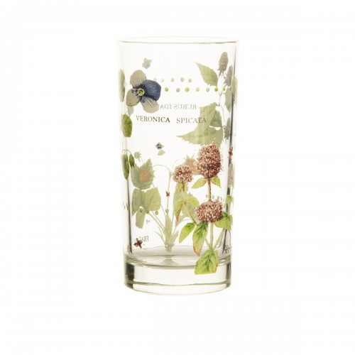 Vaso alto de cristal estampado con decoración floral de diseño.