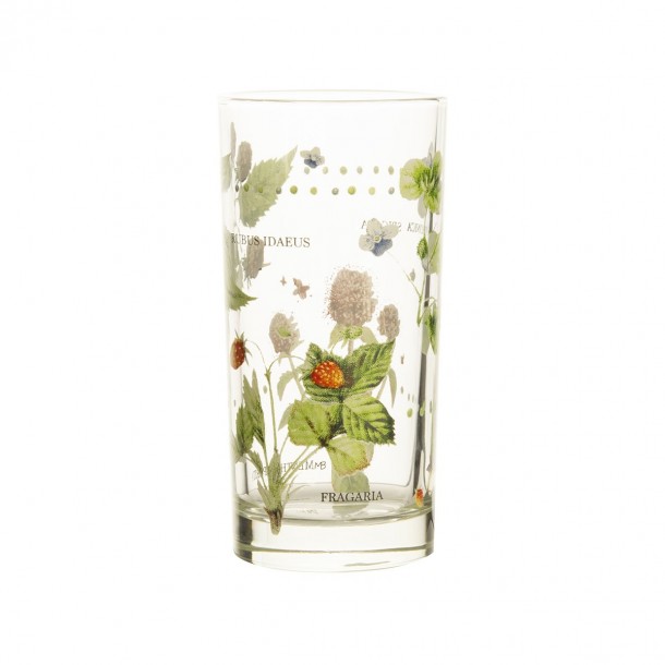 Vaso alto de cristal estampado con decoración floral de diseño.