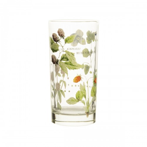 Vaso alto de cristal estampado con decoración floral de diseño.