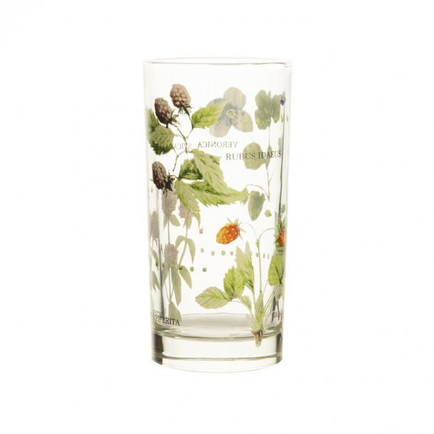 Vaso alto de cristal estampado con decoración floral de diseño.