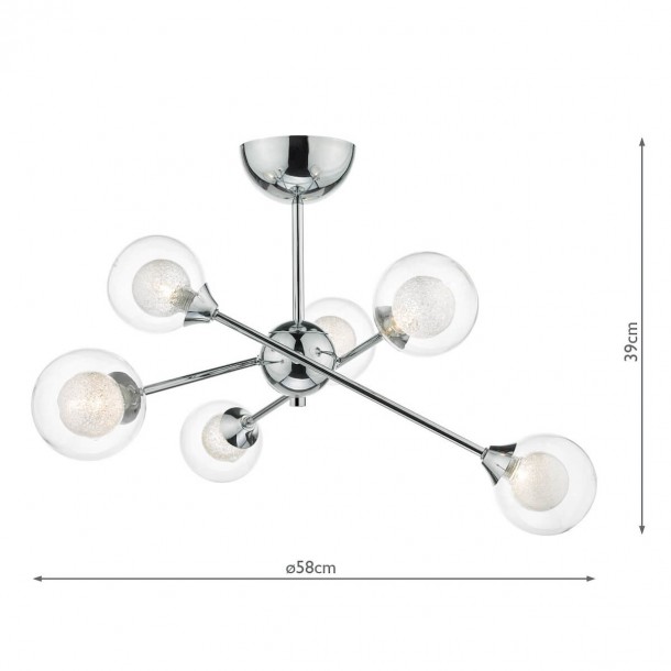 Lámpara brazos cromo pulido. 6 puntos luz. Pantallas vidrio dobles. Interior vidrio hilado. Altura 390 mm para techo bajo.