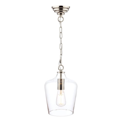 Lámpara colgante de Laura Ashley, con forma de botella de vidrio y estructura en cromo pulido.