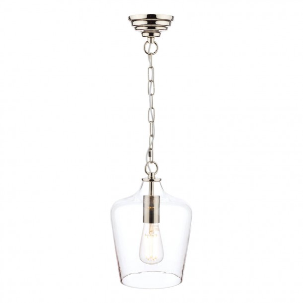 Lámpara colgante de Laura Ashley, con forma de botella de vidrio y estructura en cromo pulido.