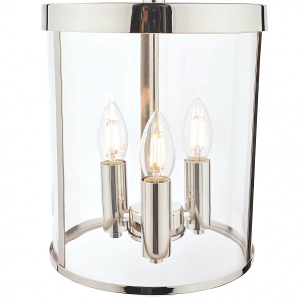 Lámpara de techo en níquel y cristal de formato cilindro, estilo contemporáneo y para tres bombillas.